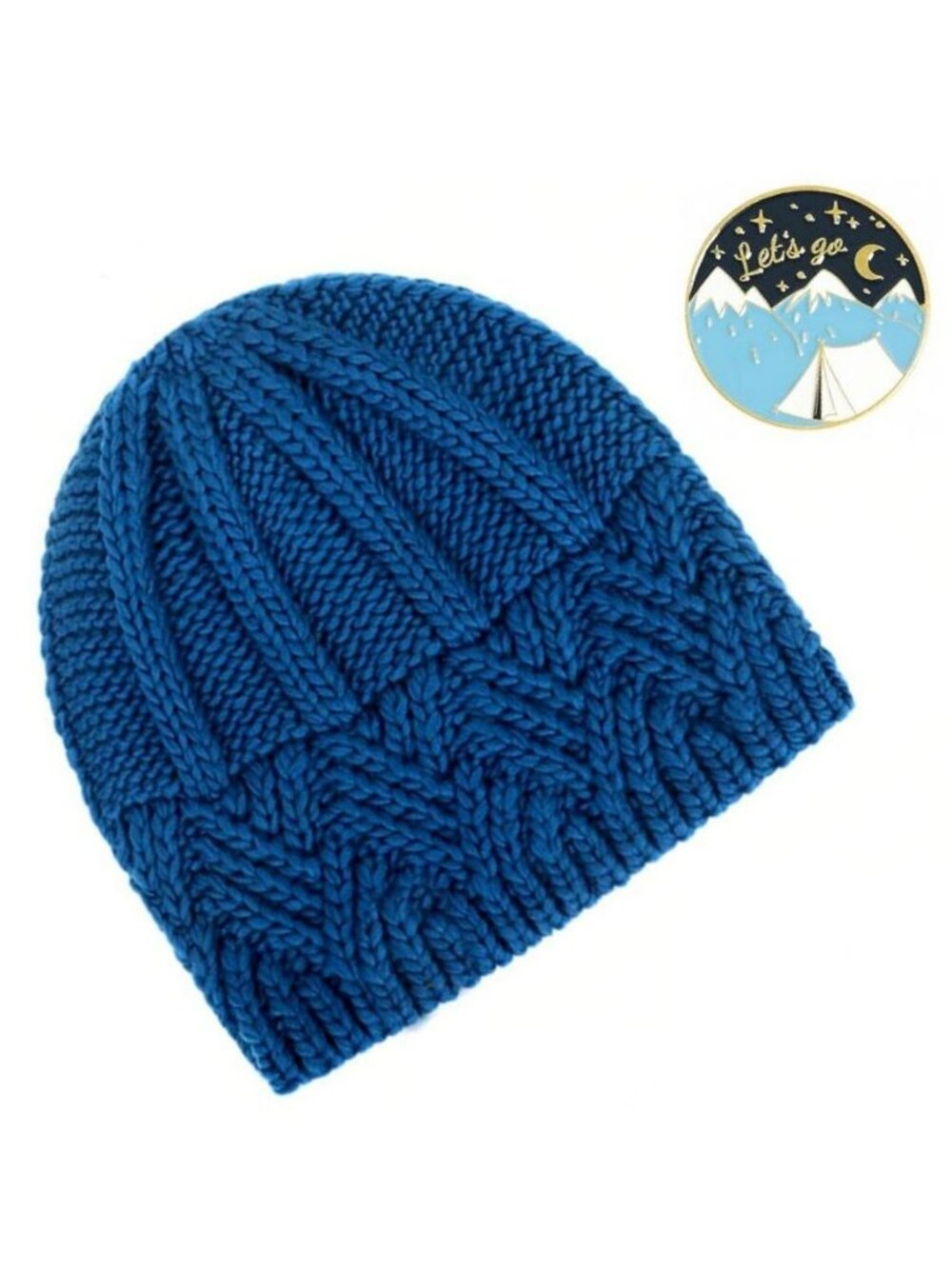 Whitney Blue Crochet Knit Beanie and Mountain Pin Set Gift Packaged